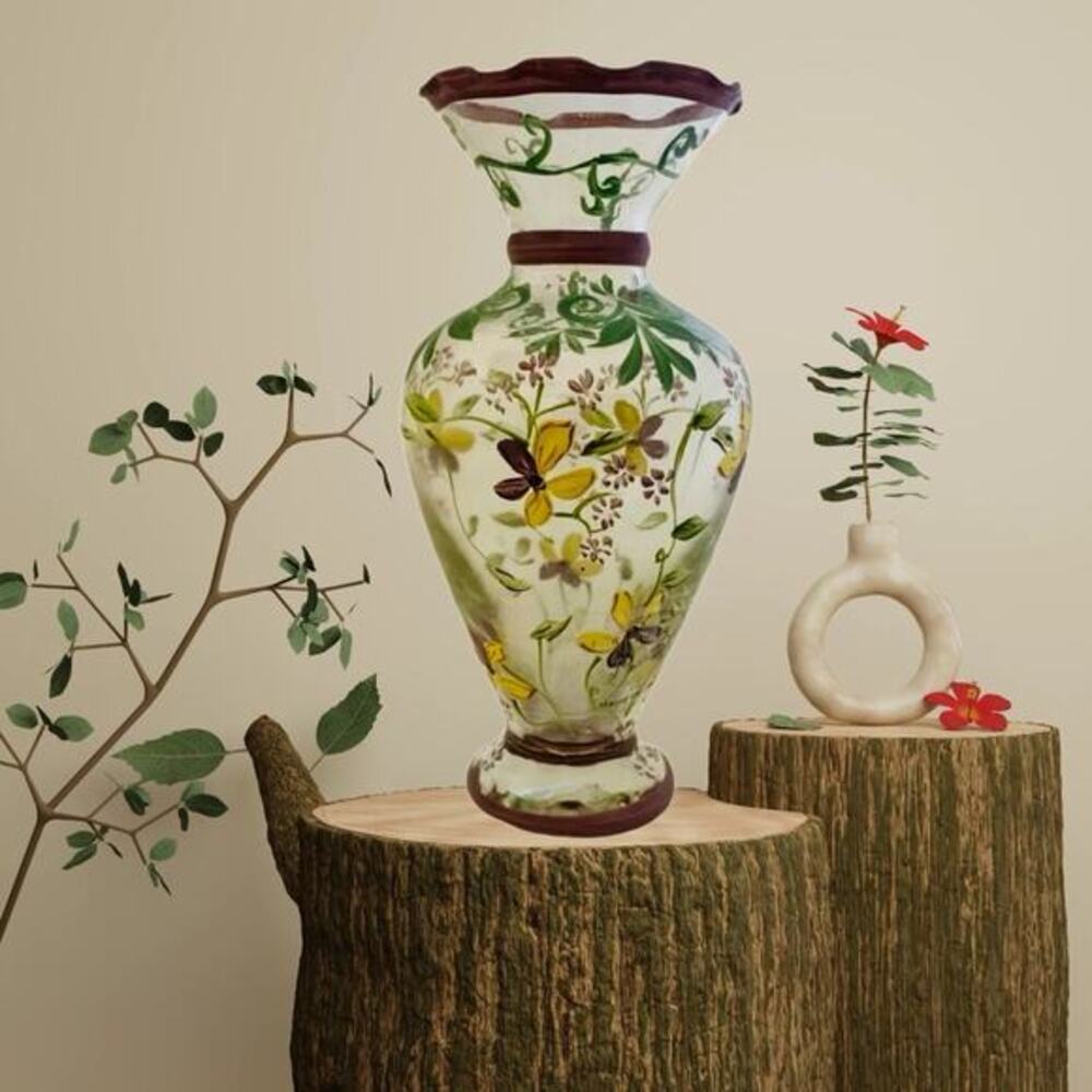 Tracy Porter Hand-Painted Bud Vase Purple Yellow Flowers Ruffled Edge 6.5” Glass